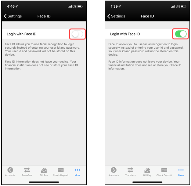 Example screen shot comparison or Face ID OFF and ON settings. 